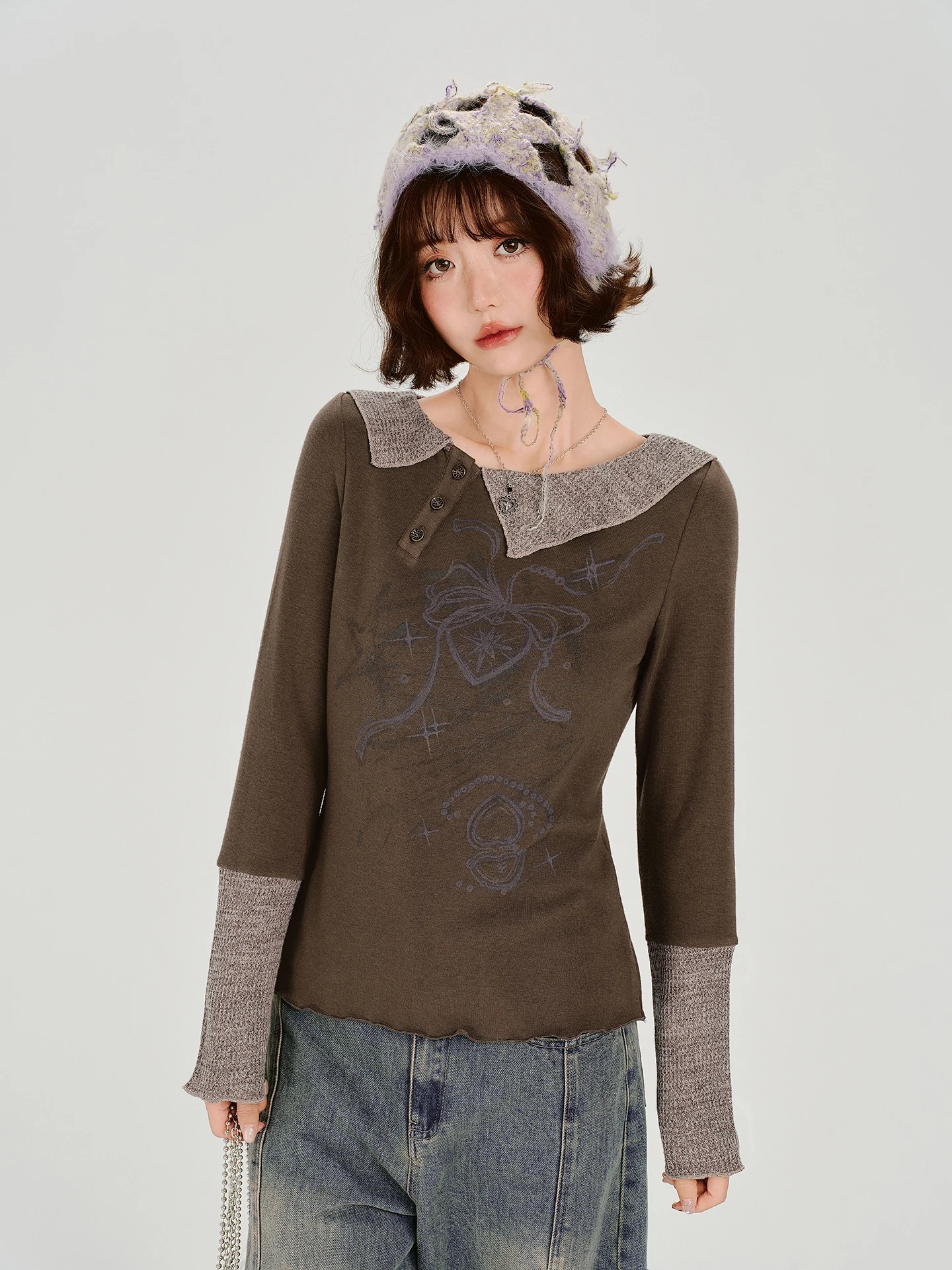 

Girly American Retro Print Collar Long Sve T-irt Women's Slim Fit Top Faionable Hot Girl Autumn New Sle