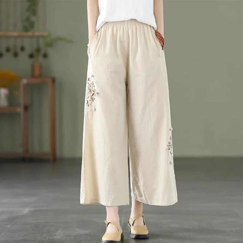 

Fashion Women Embroidery High Waist Oversized Pants Summer Cotton Hemp Thin Elastic Band Loose Wide Leg Casual Straight Trousers