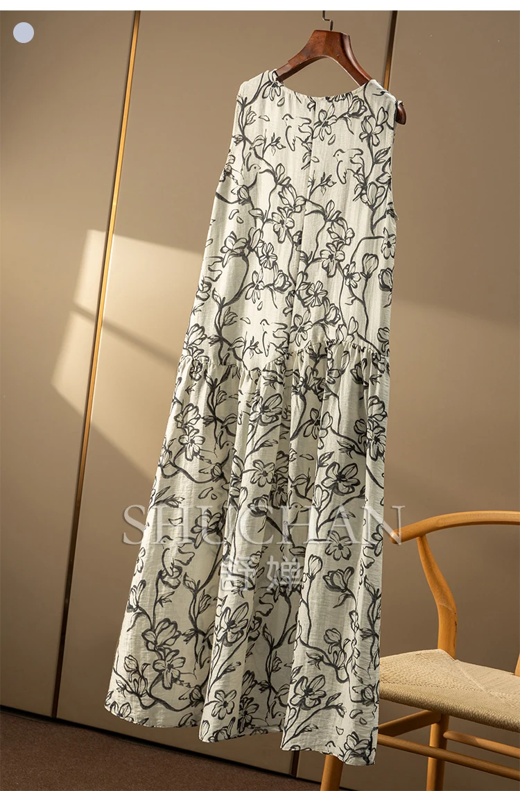 Nuovo arte elegante, abito da canotta in lino con stampa a inchiostro per armadietto da donna 02E8 Abiti lunghi da donna Vestidos De Mujer