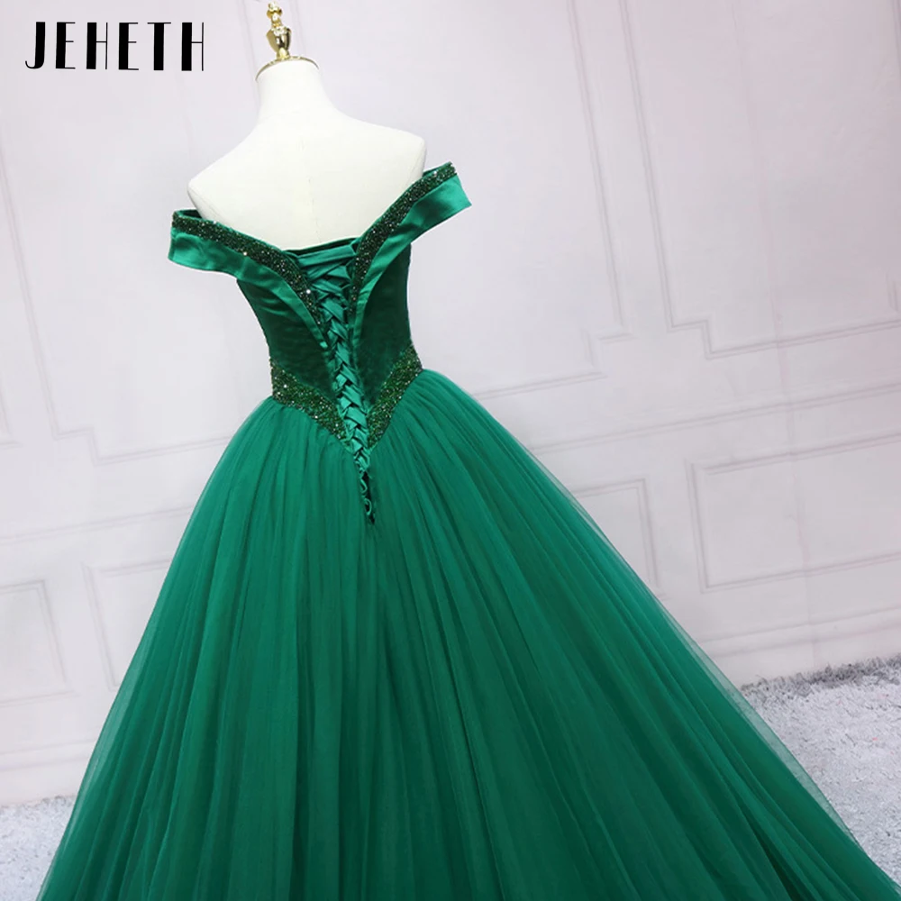 JEHETH Green Beading Off the Shoulder Quinceanera abiti Lace Up Prom Party Gown for Women Floor Length robes 15 anni