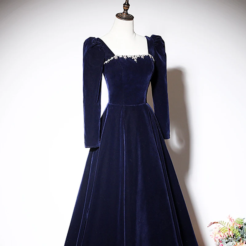 Navy Blue Square Collar Evening Dress Full Sleeves Pleat A-Line Lace Up Velour Floor-Length Plus Size Party Dresses Woman XE084