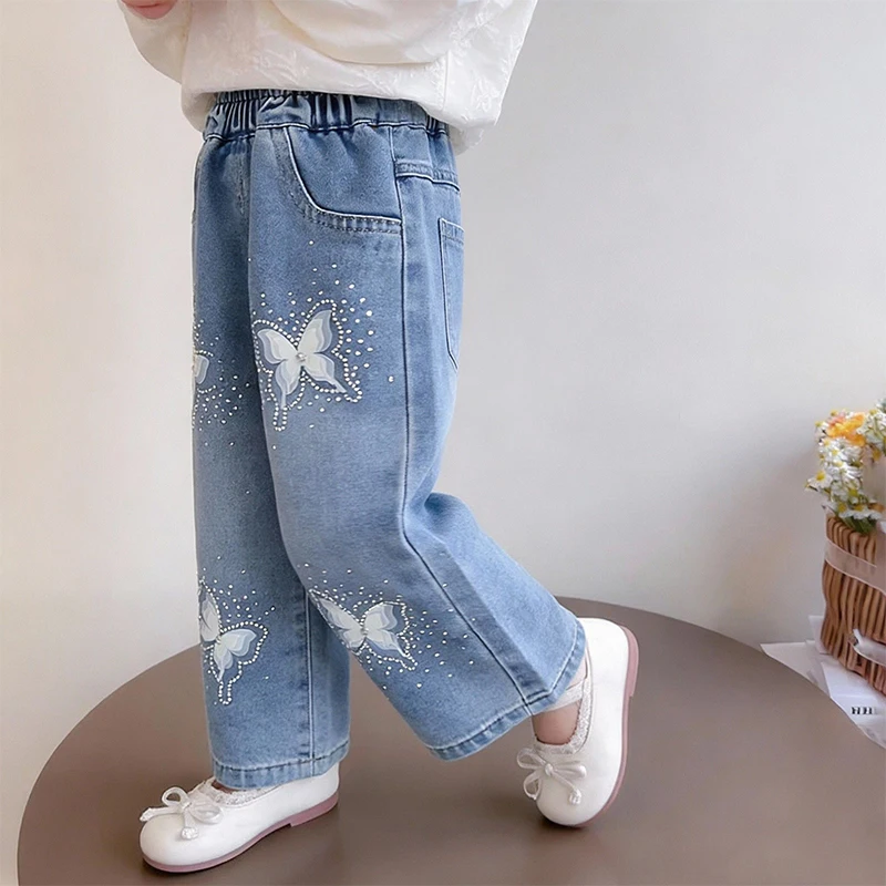 Girls' Jeans Straight Wide-Leg Pants Diamond Mixed Butterfly All-Match Loose Spring and Autumn Trousers