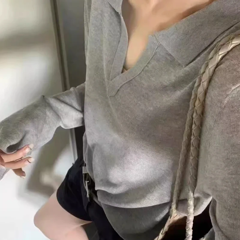 Maglione con risvolto temperamento coreano Autunno donna tinta unita manica lunga sciolto versatile top lavorato a maglia