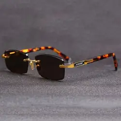 Retro Frameless Men's Sunglasses Green Crystal Stone Leopard Print Cycling Goggles Metal UV Protective Driving Glasses
