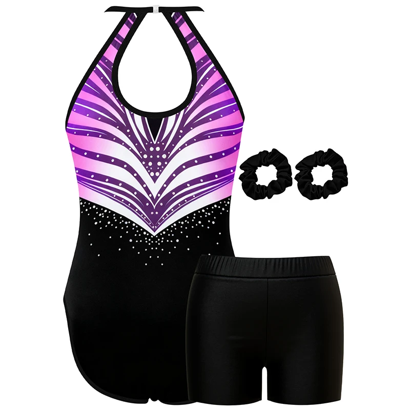 Gymnastics Leotards for Girls Halter Neck Sleeveless Dance Leotard with Shorts and Hairband No Diamond