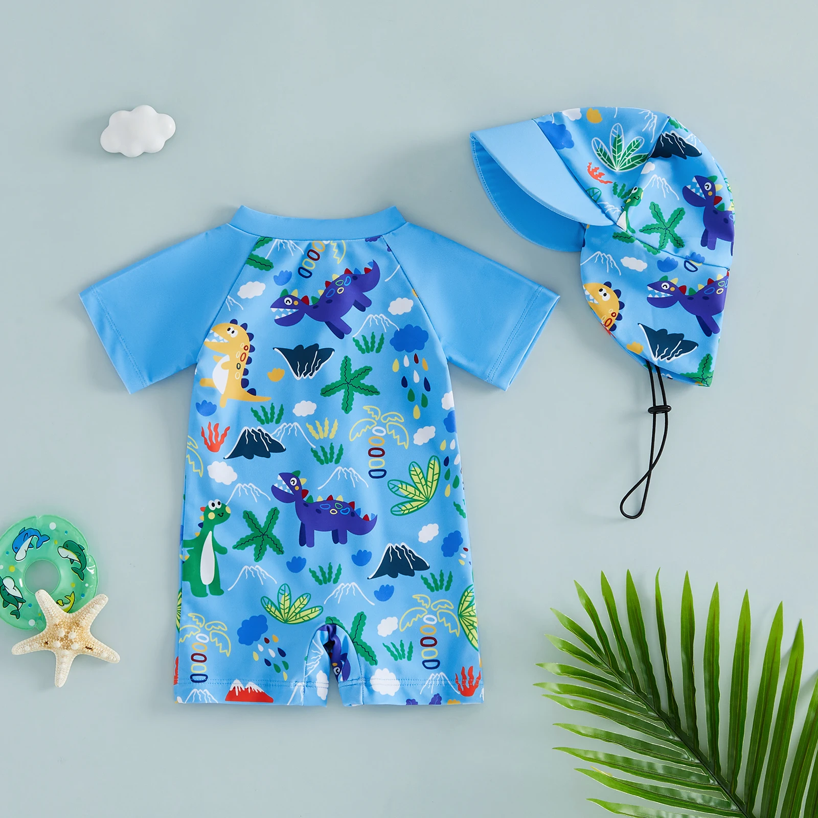 Kids Boys Rash Guard Swimsuit Tropical Plant/Sea Animal Print Short Sleeves Swimwear Swim Cap Beachwear