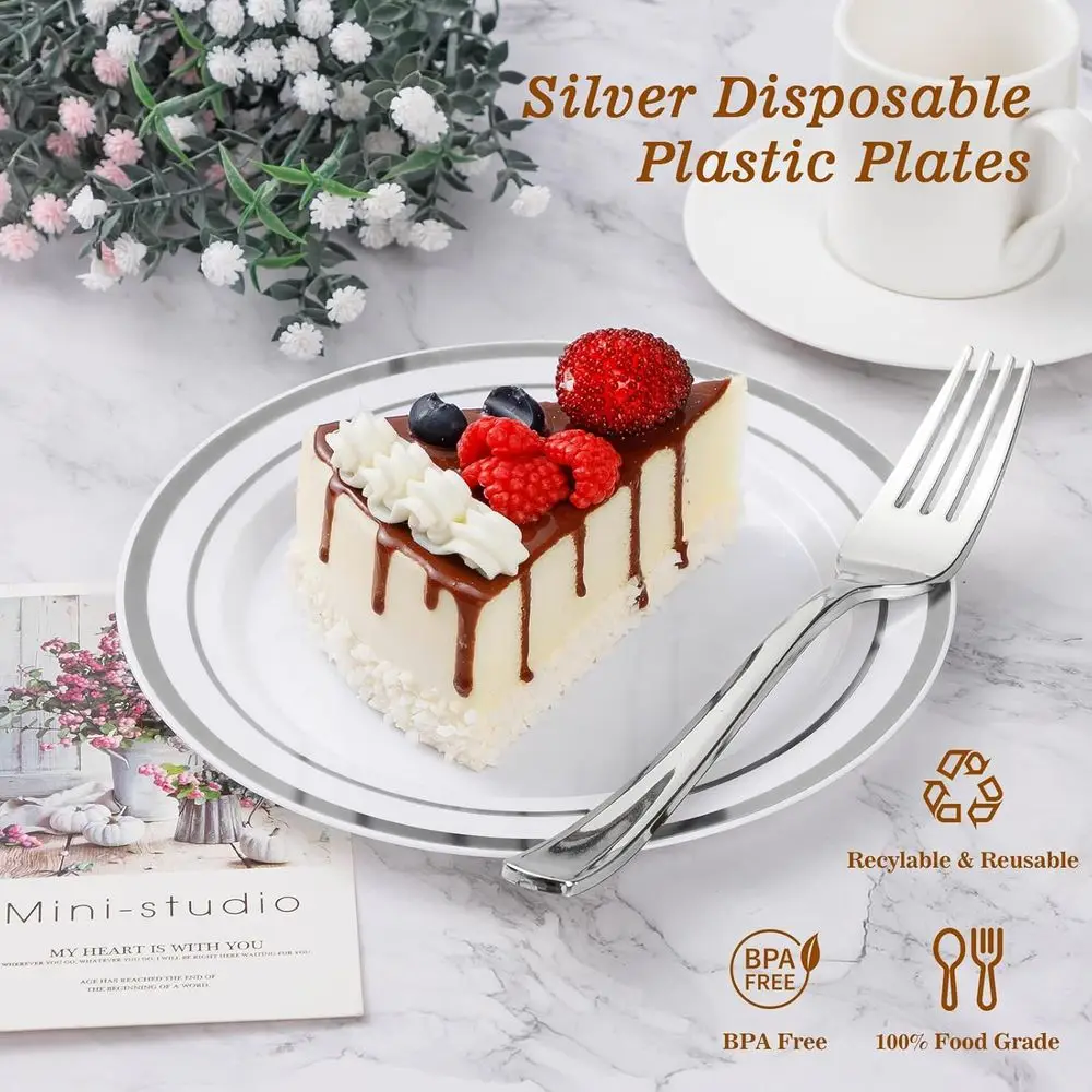 100 Dinner & 100 Dessert Disposable Silver Plastic Plates, Perfect for Parties, Weddings, and Birthdays