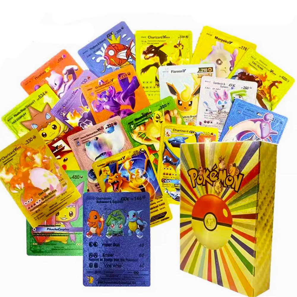 27-55pcs Pokemon Cards Colorful Pikachu Colorful Gold Black Silver Vmax GX Vstar English Spanish French Collection Card Toy Gift