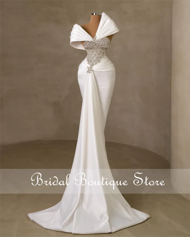 New Arrival 2023 Arabic Wedding Dress Dubai Beading Diamonds Rhinestones Off Shoulder Satin 2023 Bridal Gowns فساتين زفاف