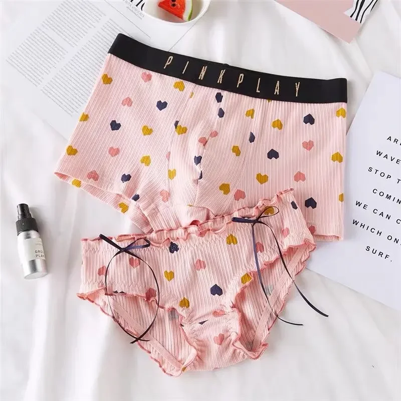 High Quality Couple Panties Sexy Cotton Fabrics Underwear Men Boxers Women Kawaii Loli Briefs Cute Love Print Underpants