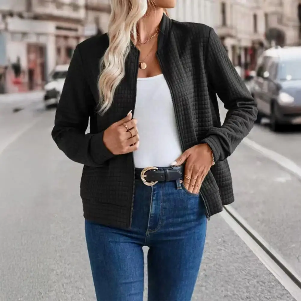 

Women's Quilted Coat Full Zip Up Jacket Long Sleeve Stand Collar Waffle Coat Casual Slim Fit Sweatshirt Neat Style Women Coat 80