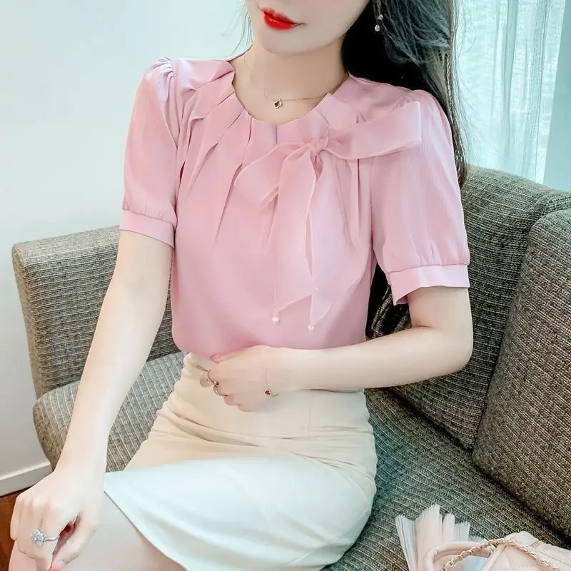 

Women's Korean Style Summer Chiffon Blouse Elegant Ruffle Bow Short Sleeve Top Stylish Sweet Cute New Arrival