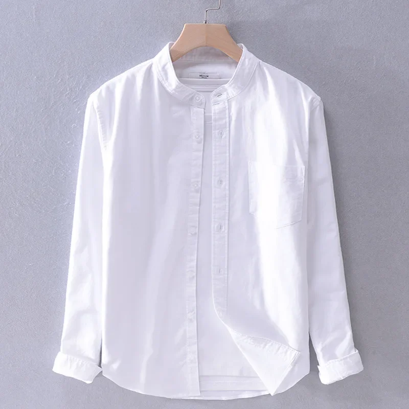 Simple Long Sleeve Mans Shirts All Seasons Casual Shirts Oxford Stand Collar Pure Cotton Shirt Men Comfort Tops Versatile Shirt