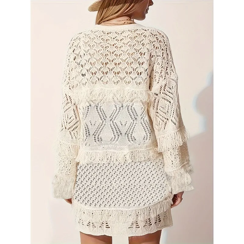 

2026 Spring and Summer Women's Cardigan Long-sleeved Loose Knitted Sweater Casual Hollow Design Top