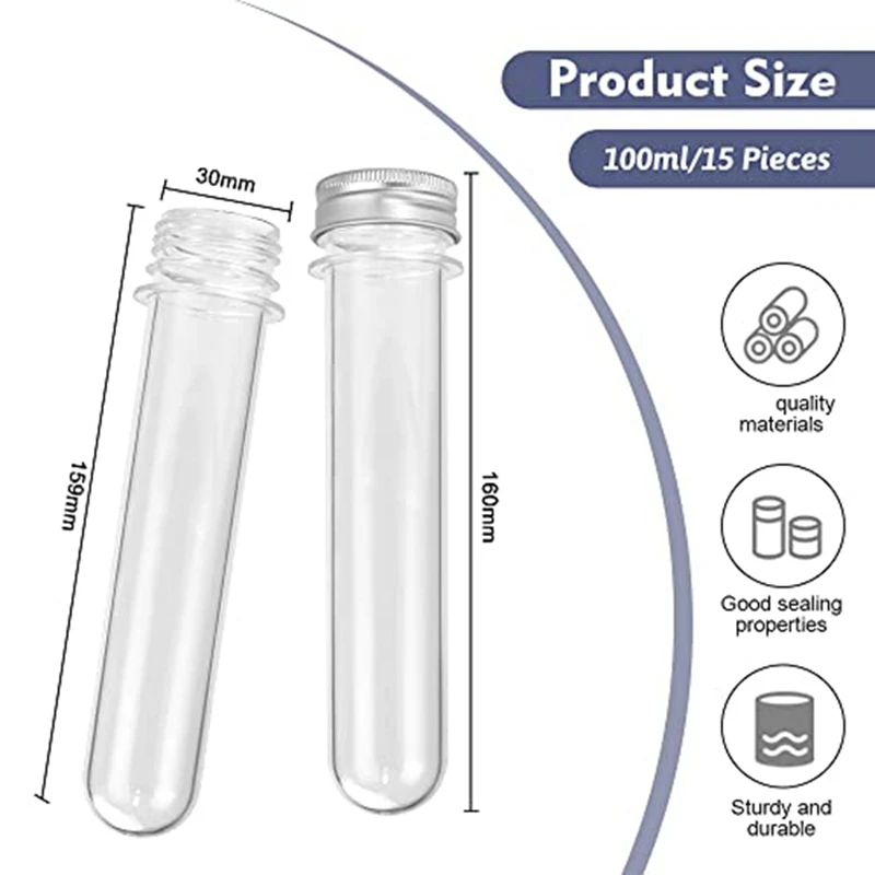 100ml 투명 플라스틱 테스트 튜브, 나사 캡이 있는 검볼 캔디 튜브, 결혼식 파티용 청소 브러시 1 개, 15 개