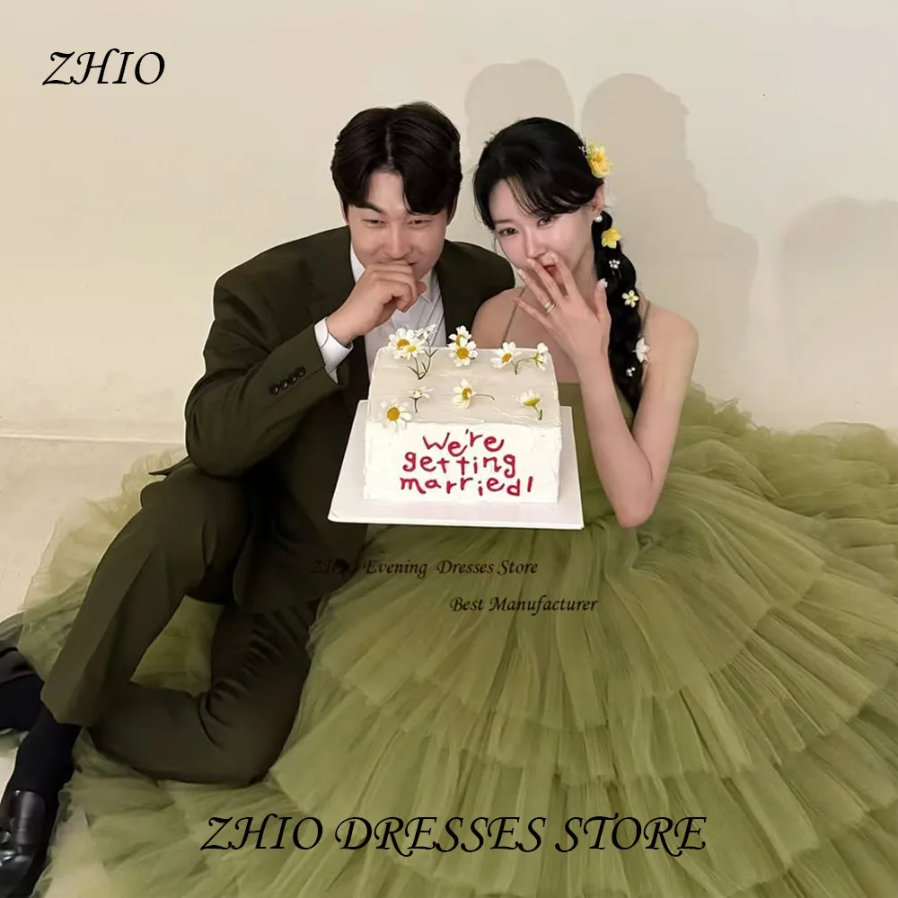 

ZHIO Green Pastrol Tulle Ball Gown Tiered Korean Wedding Dress Boat Neck Sleeveless Spaghetti Straps Bride Gowns Customized