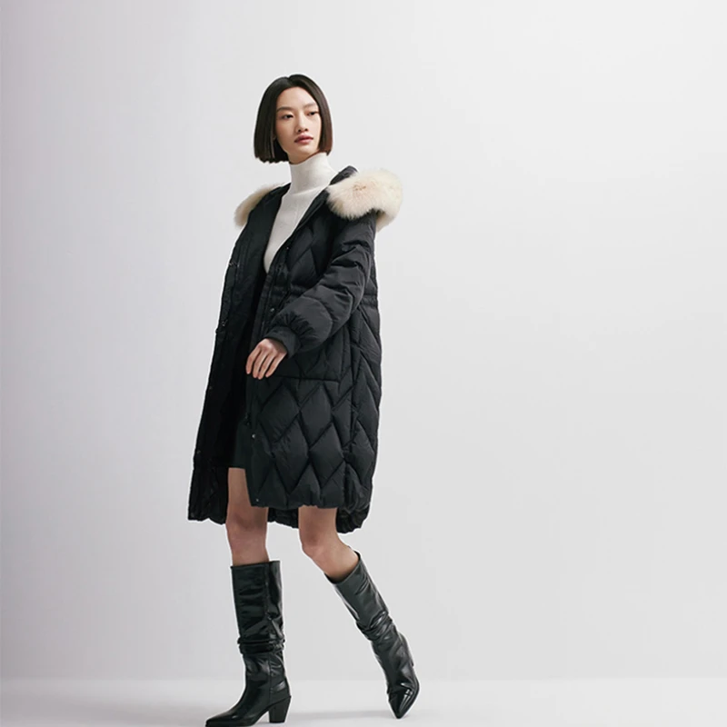 Chericom jaqueta feminina de inverno 2025 nova destacável pele de raposa capuz guarnição acolchoada padrão cintura cordão puffer casaco y269761y