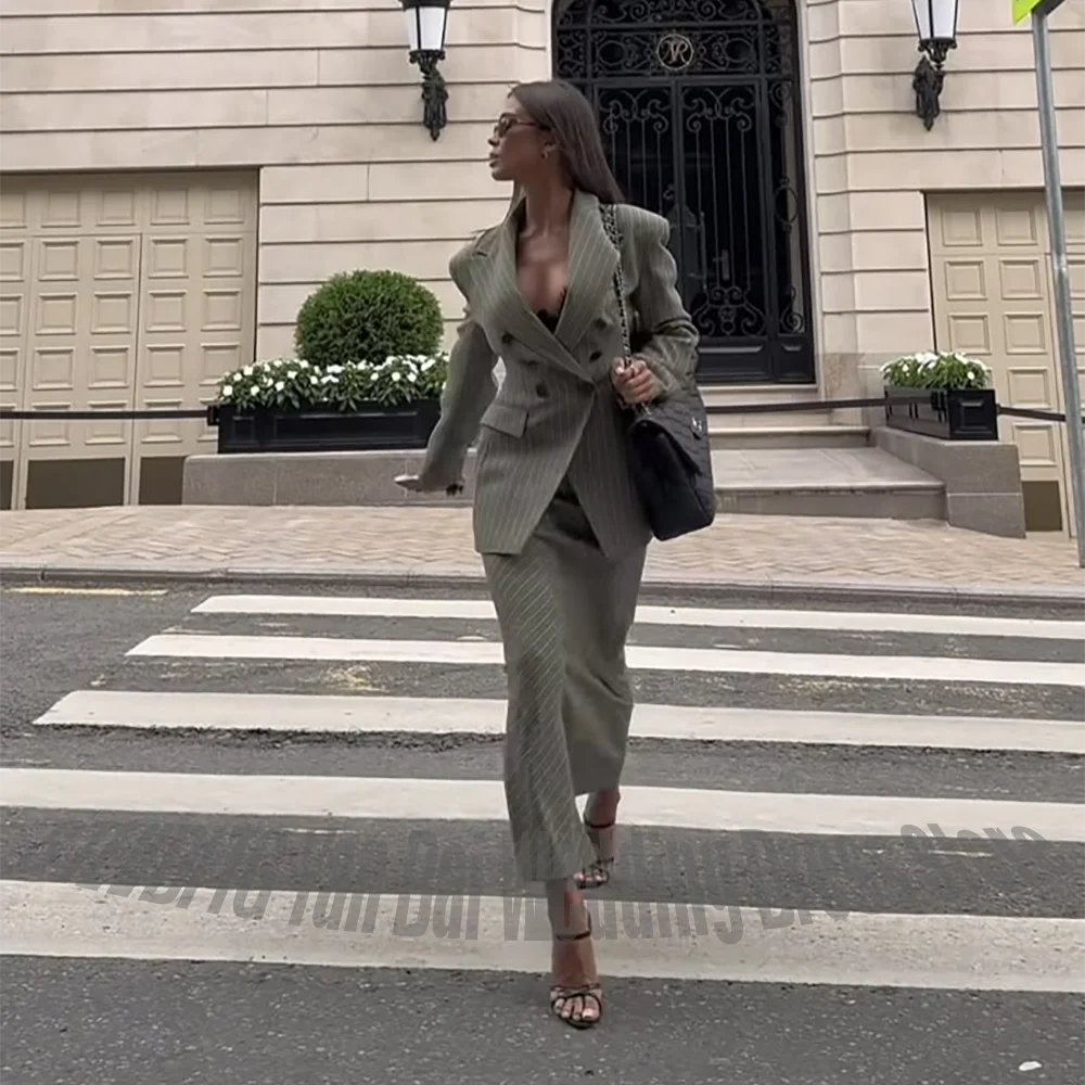 Classic Stripe Women's Suit 2 Piece Set Chic Double Breasted Tailored Jacket Skirt Business Work Fashion Street Style Daily Wear