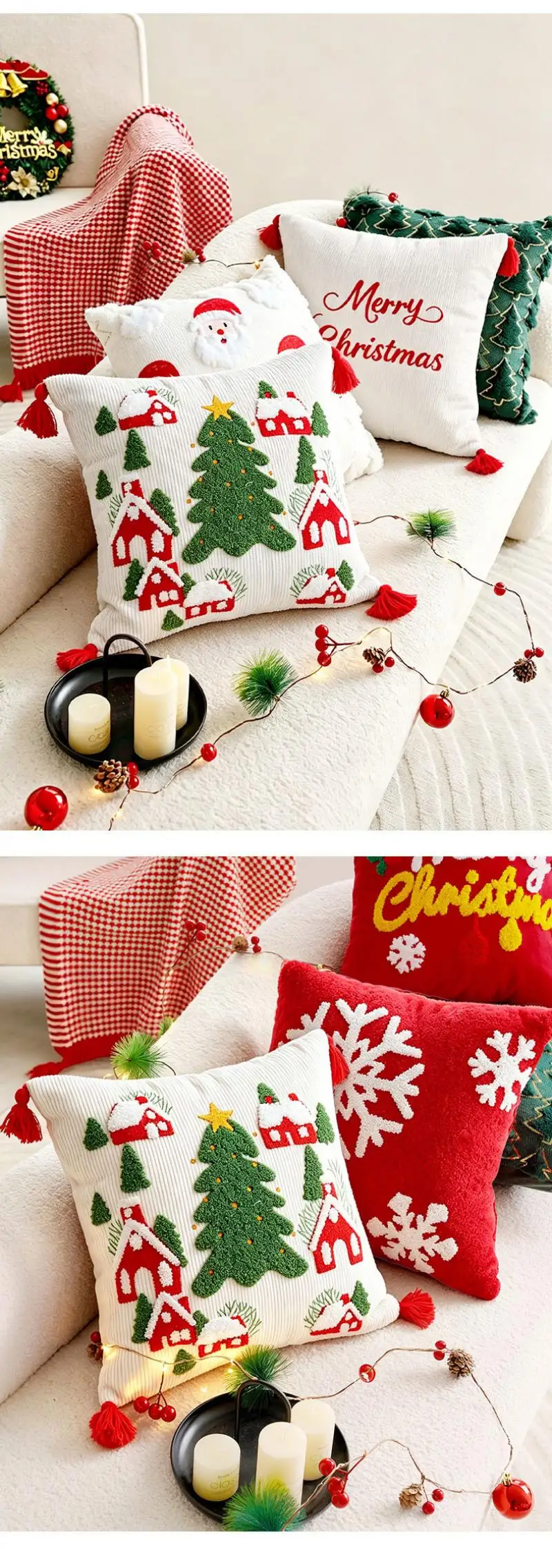 Weihnachtliche Kissenbezüge mit Stickerei, Dekorative Sofakissen, Vintage-Kopfteil-Kissenbezug 30x50/45x45cm – Detail 6