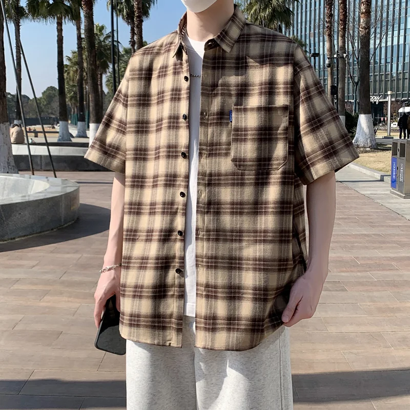 

New Summer Men's Loose Plaid Short Sleeved Shirts Casual Vintage Checkered Oversized Shirt Harajuku Luxury Comfort Male Shirts