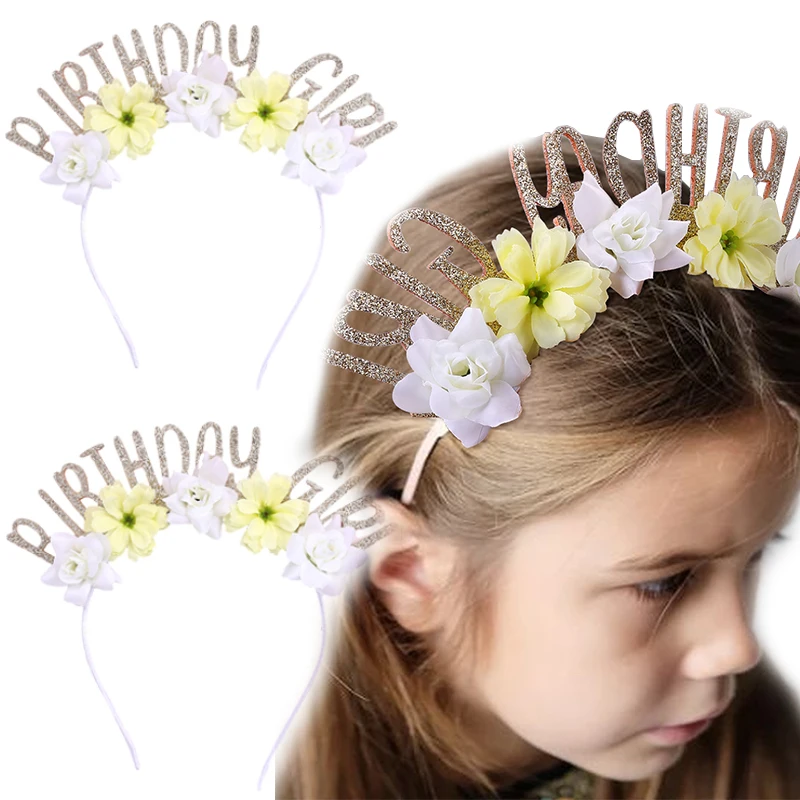 

ncmama Birthday Hairbands For Kids Girls Cute Simulated Flowers Birthday Letter Party Headbands Baby Headwear Hair Accessories