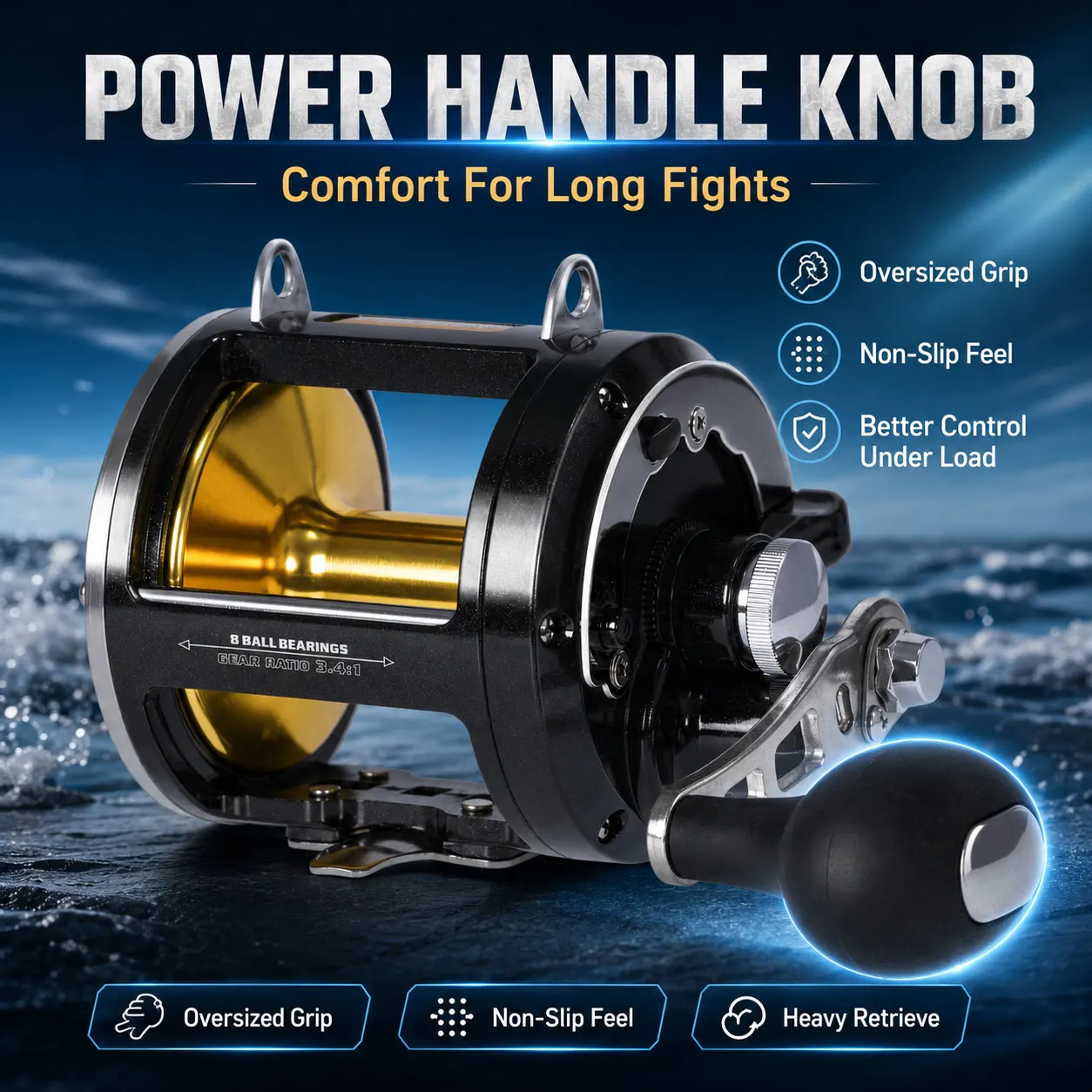 SAMOLLA Trolling-Angelrolle mit Aluminiumspule, Alarmknopf, Bremskraftanpassung, Tiefsee-Rolle mit 30KG Maximaler Zugkraft – Detail 7
