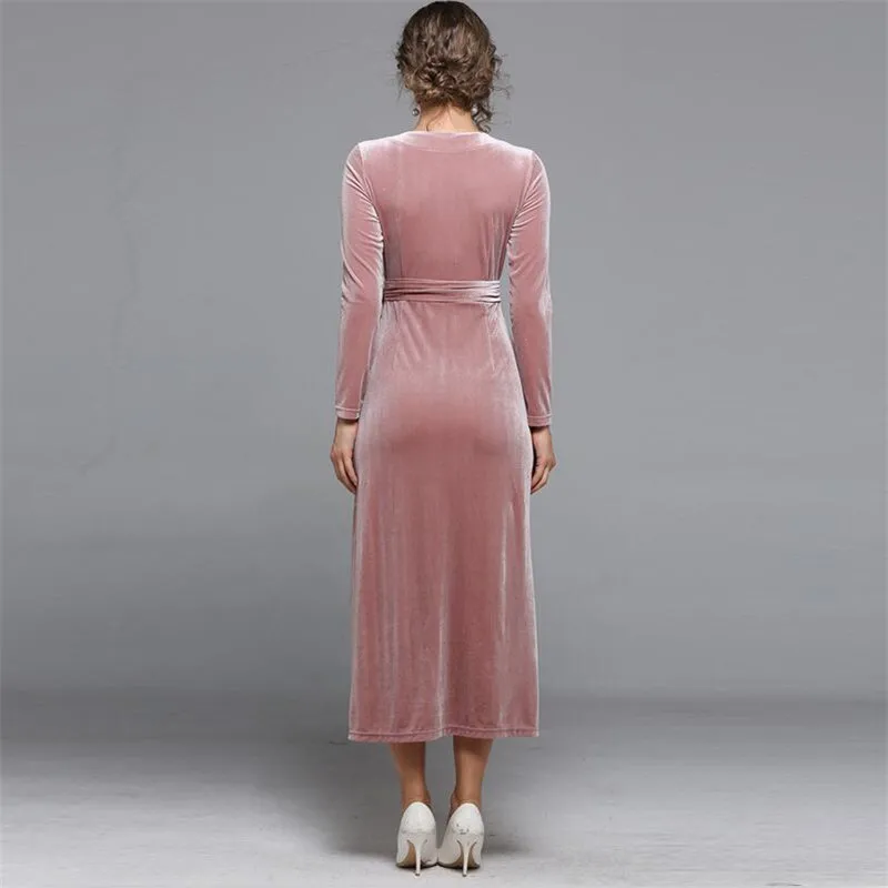 New 2024 Spring Autunm Evening velour Party Dresses Winter Pink Velvet Dress Women Sexy Long Dresses With Sashes Vestidos