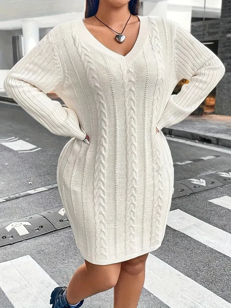 

plus Size V-Neck Twist Design Slimming Sweater Dress Elegant Waist-Cinching Knitwear for Women