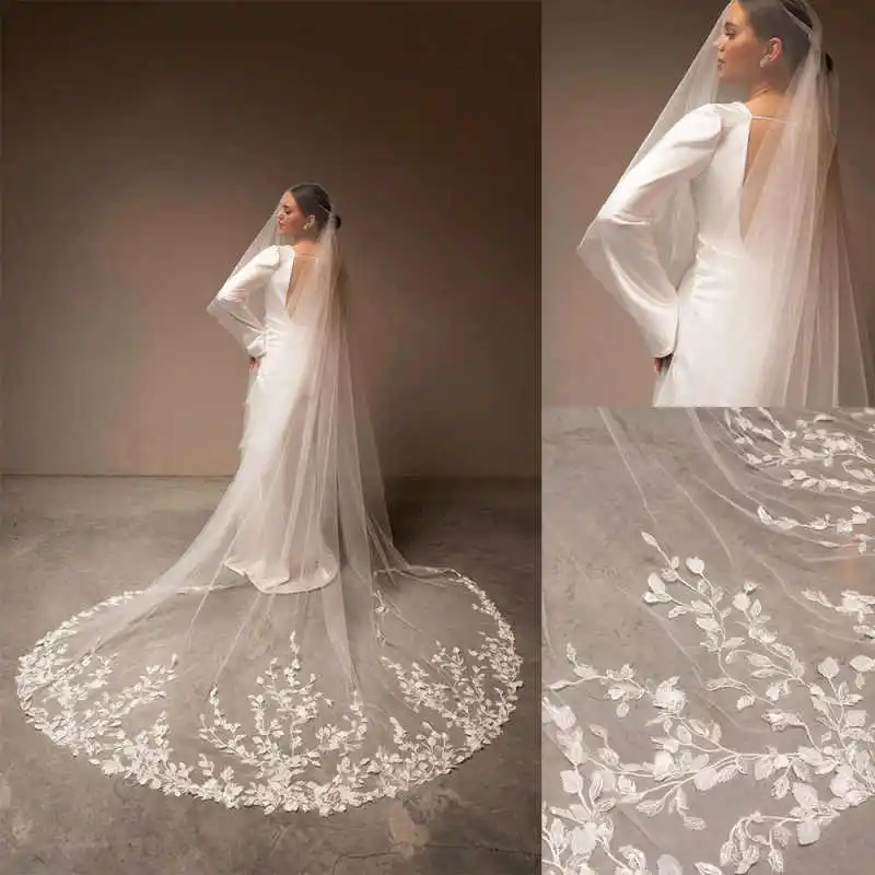

One Layer Lace Appliques Wedding Veil Long Length 3M Bridal Veil With Comb Ivory White Veils Accessories Customized