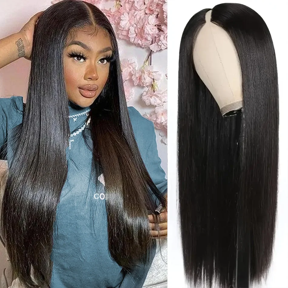 

Straight V Part Wig Human Hair Glueless 220 Density Brazilian Natural Color No Sew In No Glue No Leave Out V Part Wigs 30 Inch