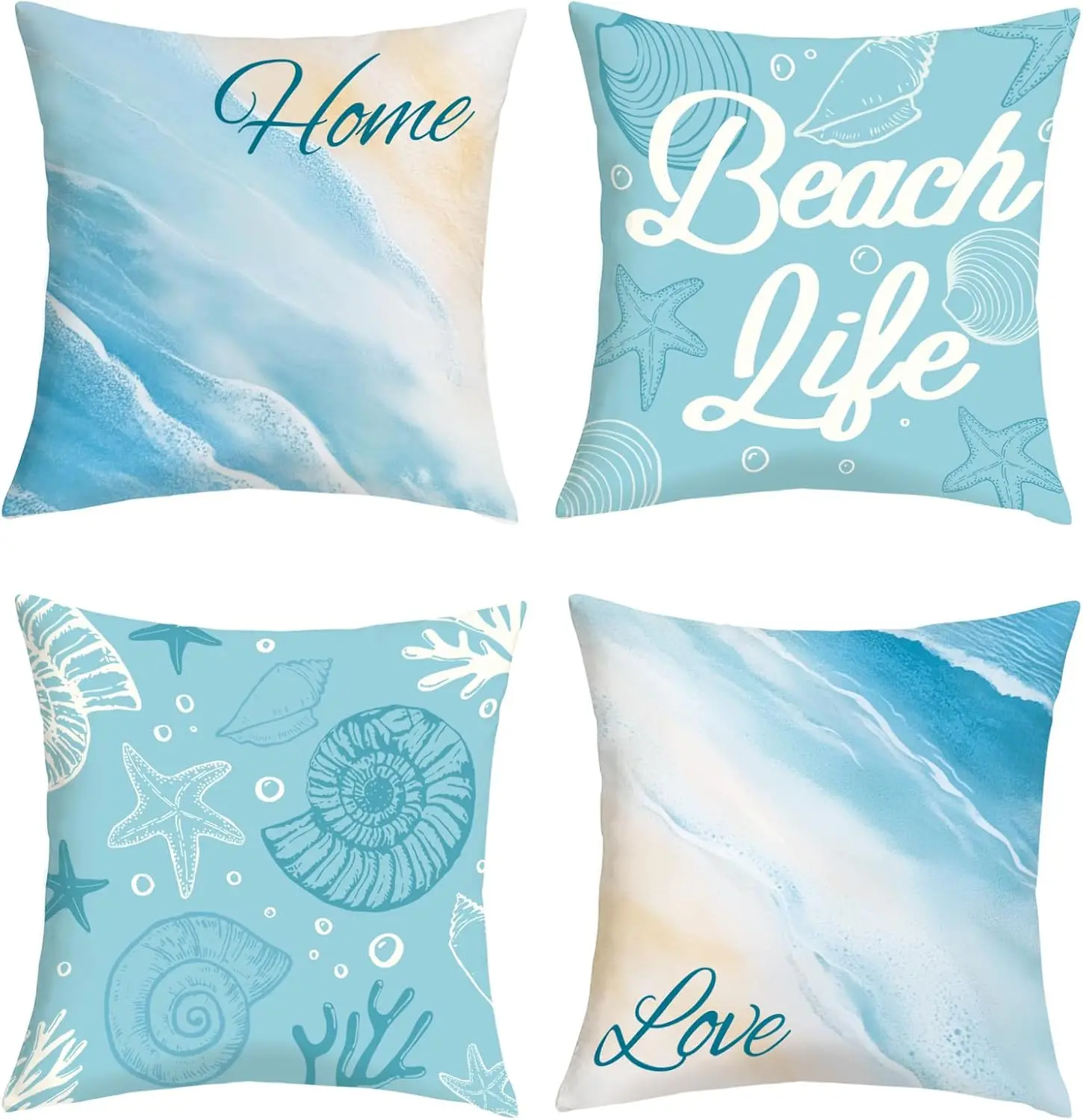 4 Piece Coastal Beach Life Cushion Set Ocean Tropical Throw Pillow Covers Decor for Living Room Bedroom Summer Nursery Home Poly