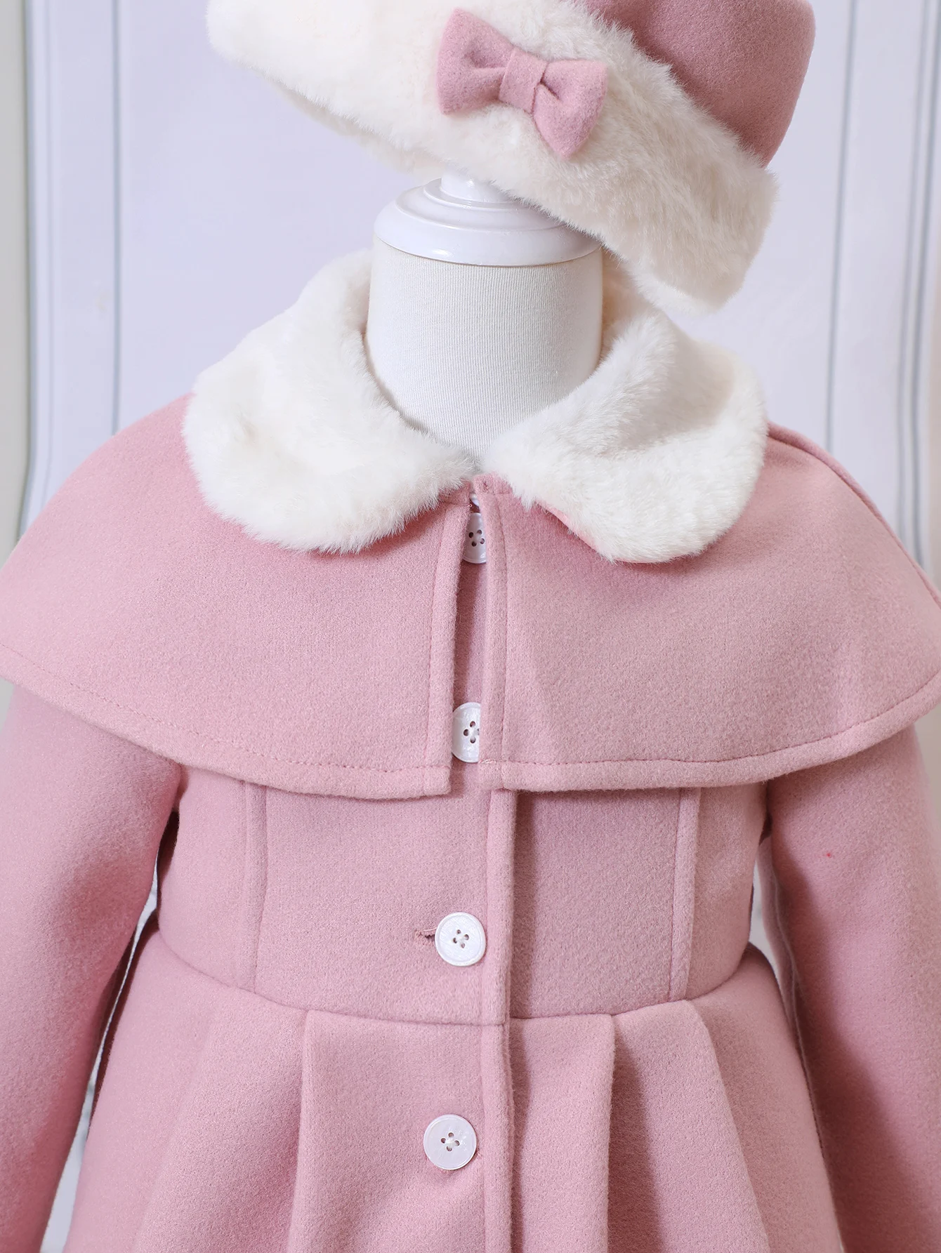 Girls Autumn And Winter New Fashionable Fur Collar Shawl Double Layered Woolen Coat With Bow Hat