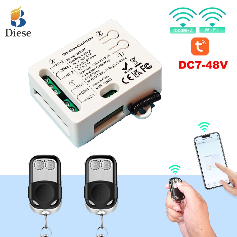WIFI Tuya Smartlife Wireless RF433mhz Remote Control Switch DC12V 24V 48V 2Ch Dry Relay Receiver Remote for Gate Garage Door Led