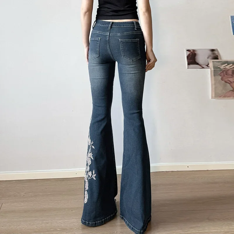 Retro Y2k Jeans Baggy Floral Embroidery Jeans Women Vintage 2000s Low Rise Flared Denim Pants High Street Basic Trousers - Image 6
