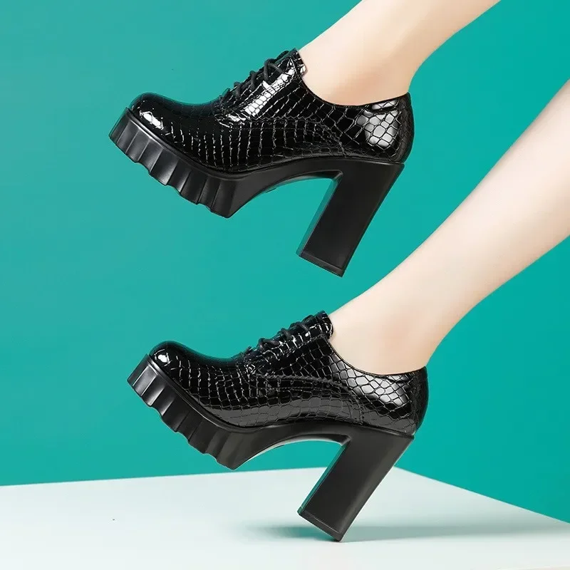 10cm Small Size 32-43 Quality Genuine Leather Shoes Deep Mouth Oxfords with Fur 2024 Fall Block High Heels Pumps Platform Model