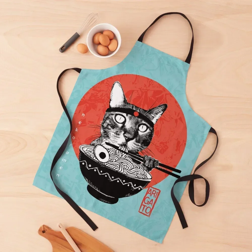 Neko Ramen - Mister Meow Arigato, turquoise background Apron women's kitchens Things For Kitchen Apron