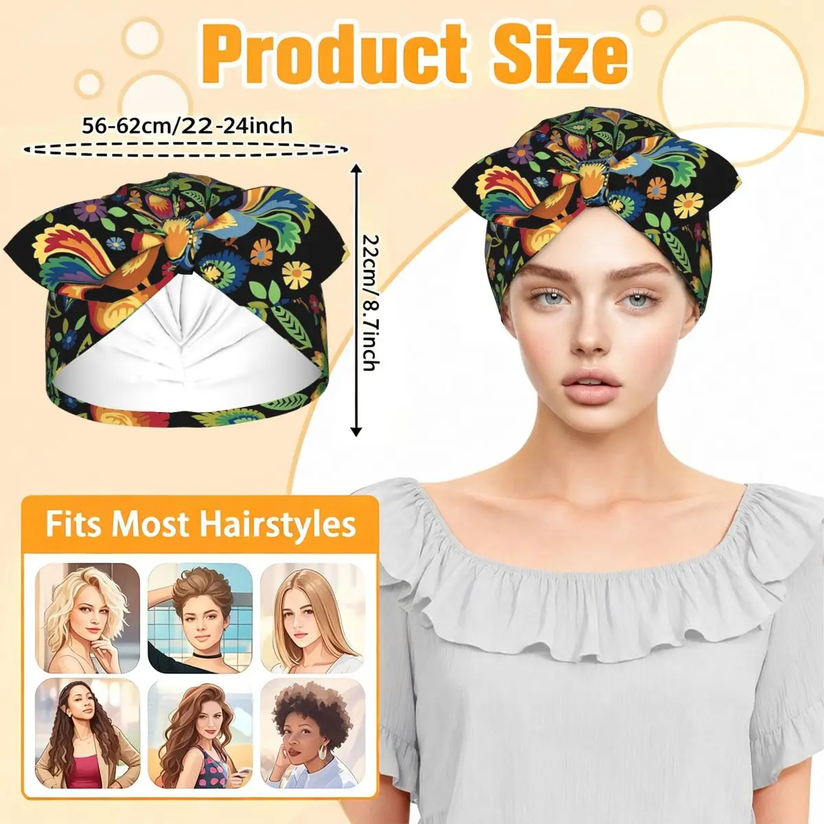 Polish Folk Roosters Sleep Bonnet Double Layer with Adjustable Bow, Reversible Hair Cap for Curly Braids Hair