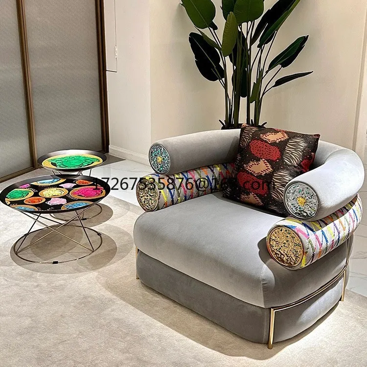 

Light luxury sofa single designer villa large flat floor living room straight row three fabric sofa