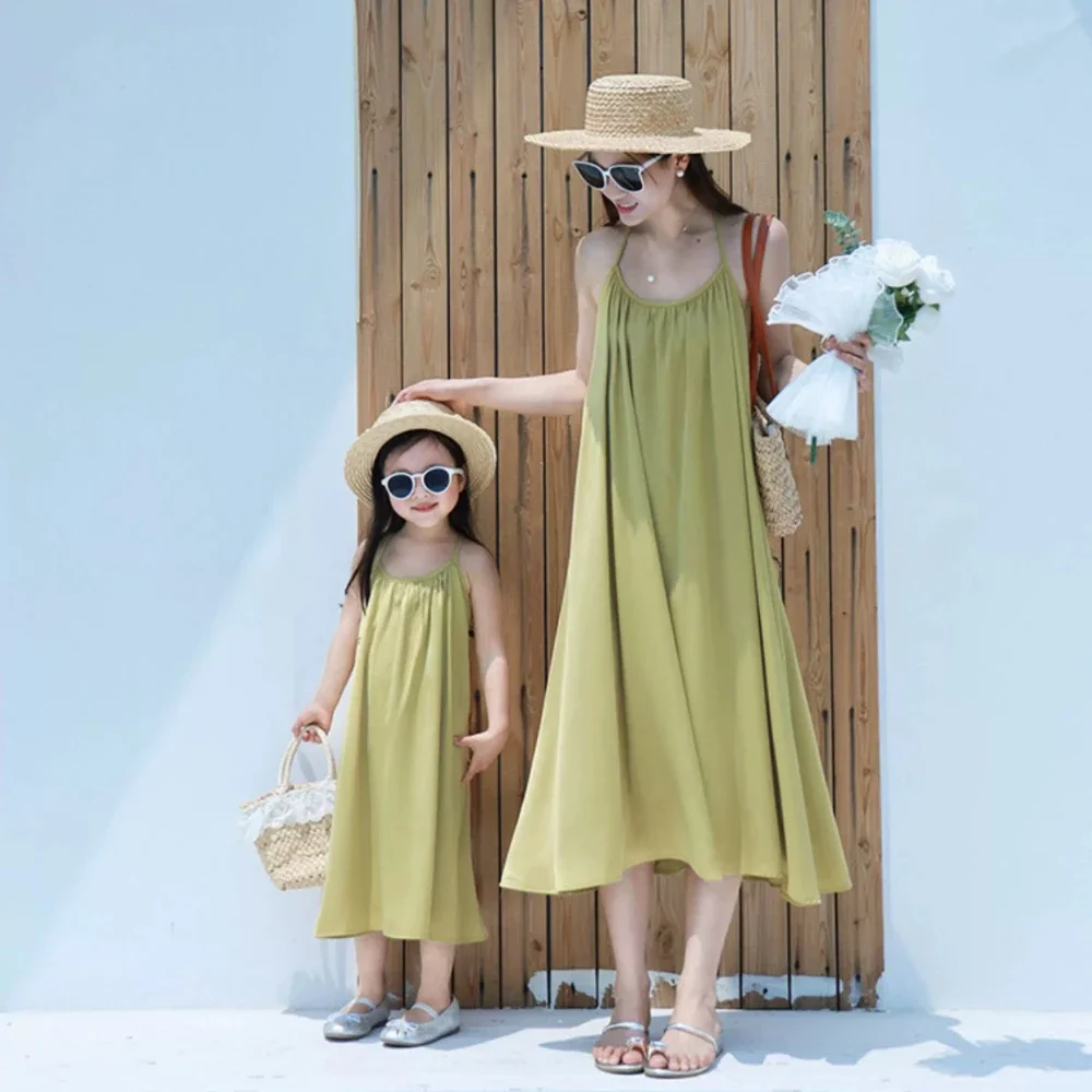 Mommy and Me Matching Lime Green Halter Neck Backless Maxi Dress Set Loose Beach Vacation Family Outfit for Mom and Daughter