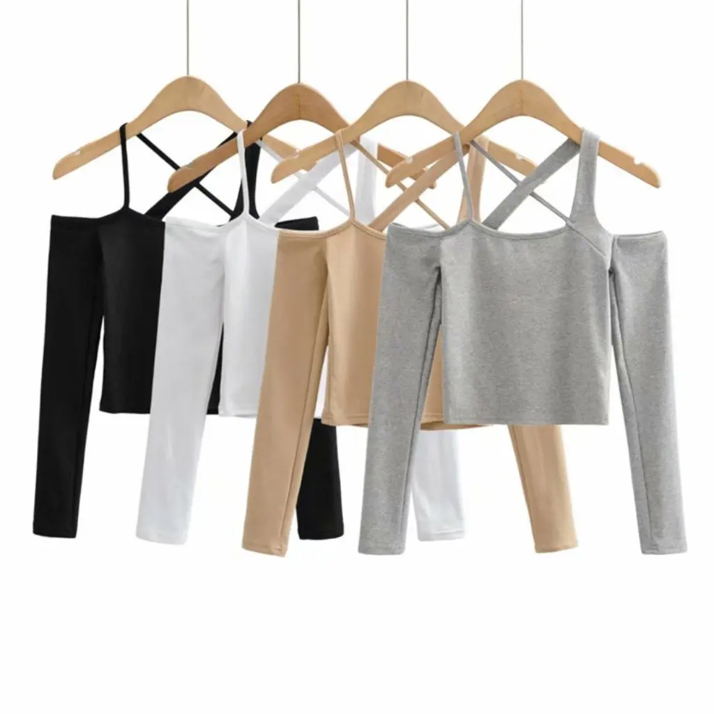 

YPFF Women's Off-Shoulder Long-Sleeved T-Shirt Solid Color Base Shirt Crossed Design Inner Wearing Short Top for Summer