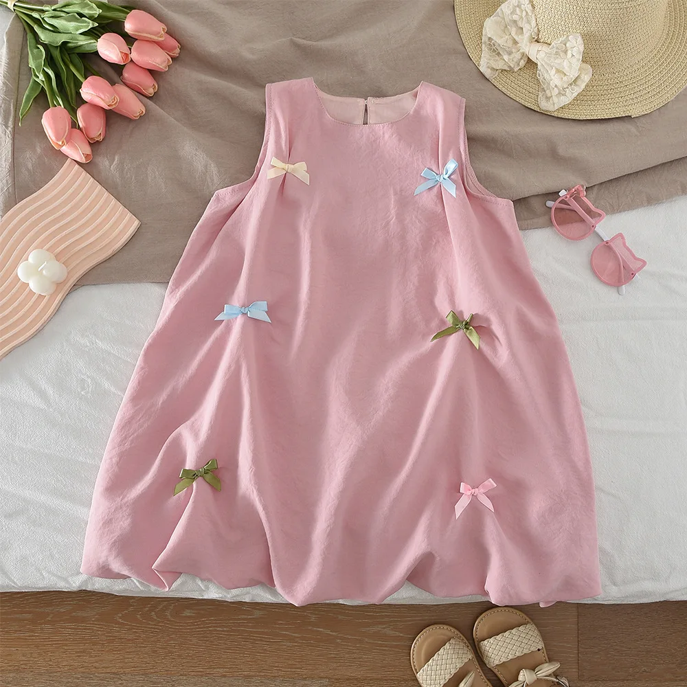 New Summer Versatile Korean Version Sleeveless Casual Dress for Children's Clothing Cute Girl's Western-style Bow Tie Dress