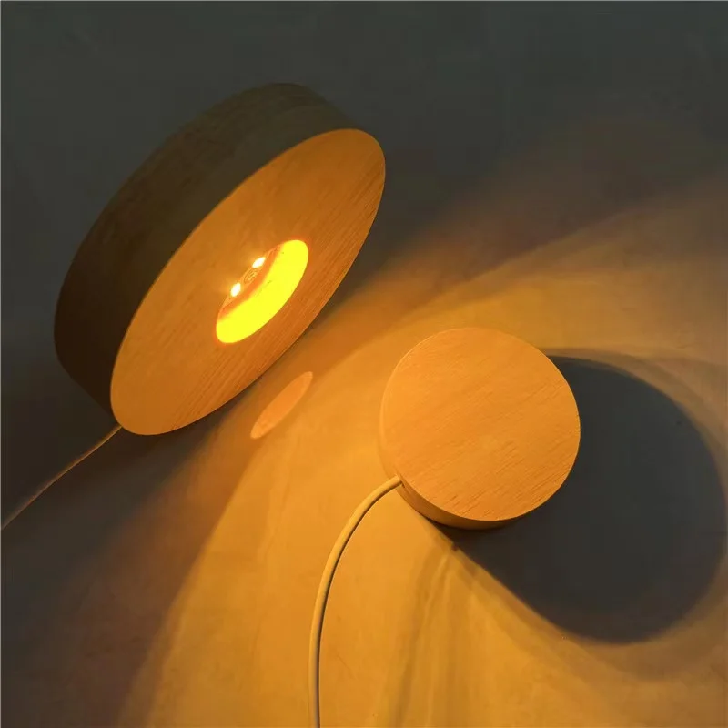 USB Powered 8cm 10cm Round Wood Led Light Base Display Stand for 3D Crystal sphere Resin Glass Balls