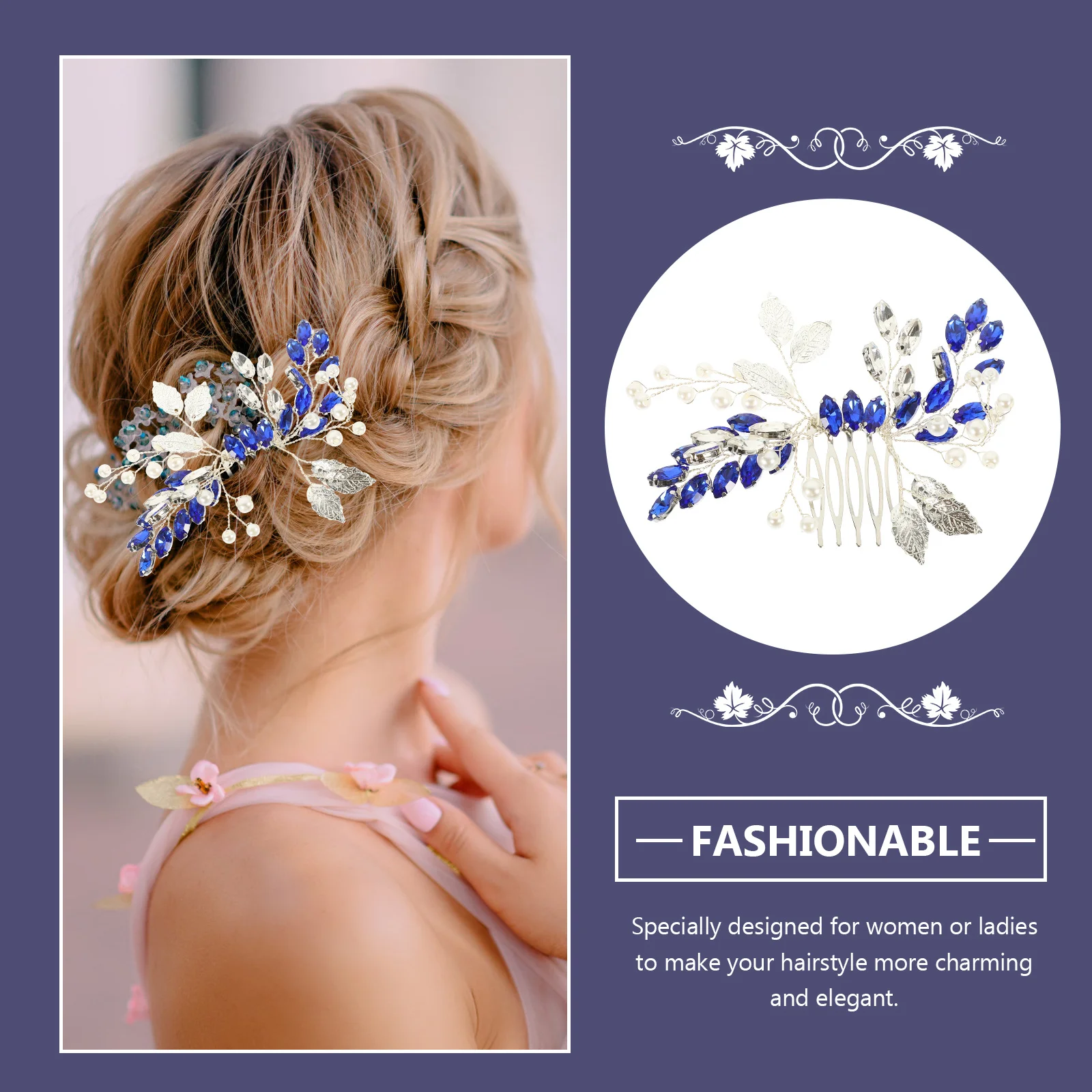 2 pcs Blue Rhinestone Leaf Hair Comb Bridal Wedding Side Comb For Women Crystal Bride Accessories Metal Hair Styling Tool