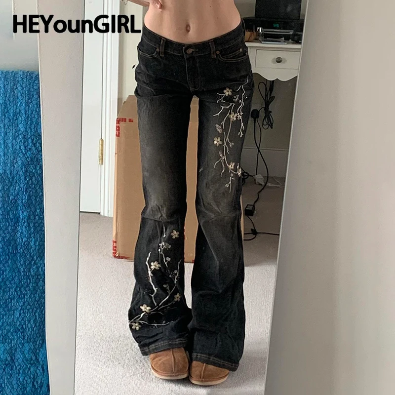 HEYounGIRL Plant Printed Embroidery Y2K Flare Jeans Women Vintage Skinny Boot Cut Trousers Fashion Street 2000s Denim Pants Fall