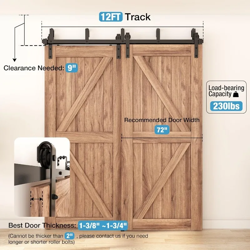 Barn Door Hardware Kit Low Ceiling Wall Mount for Closet Double Wooden Doors (12FT Bypass kit)