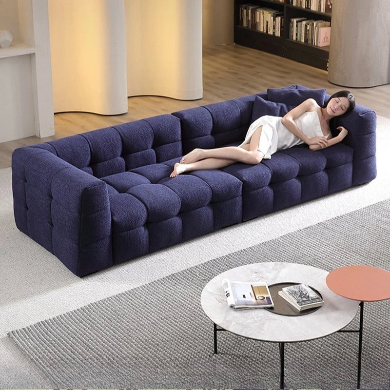 

Marshmallow sofa Living room Straight row fabric pull-up sofa Moorish blue cream wabi sandy wind lamb wool sofa