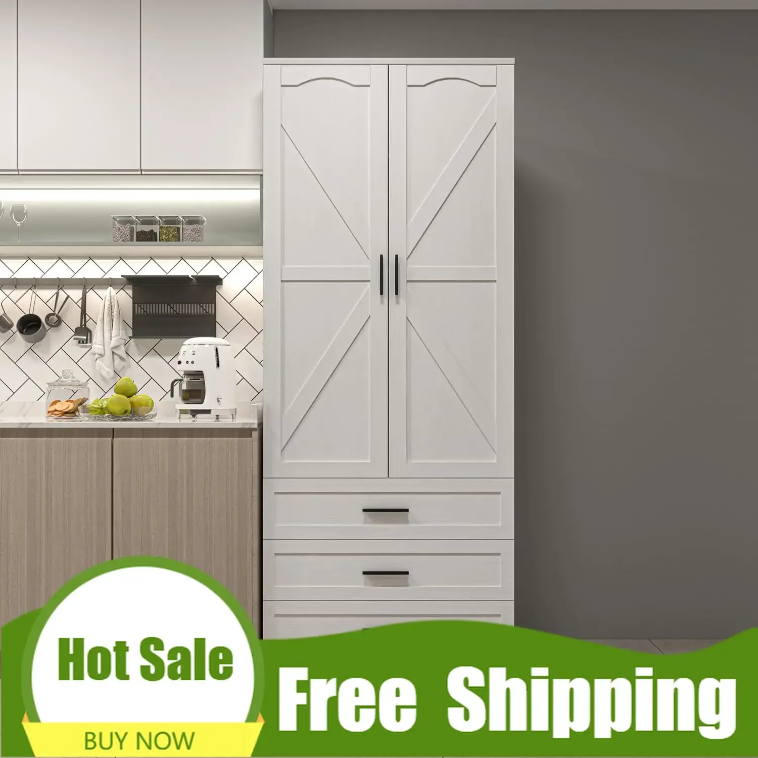 [أفضل بائع، اشترِ الآن! ]خزانة مخزن المطبخ LED الممتازة مقاس 72 بوصة مع 3 أدراج، خزانة تخزين طويلة للمزرعة، مخزن طعام خشبي