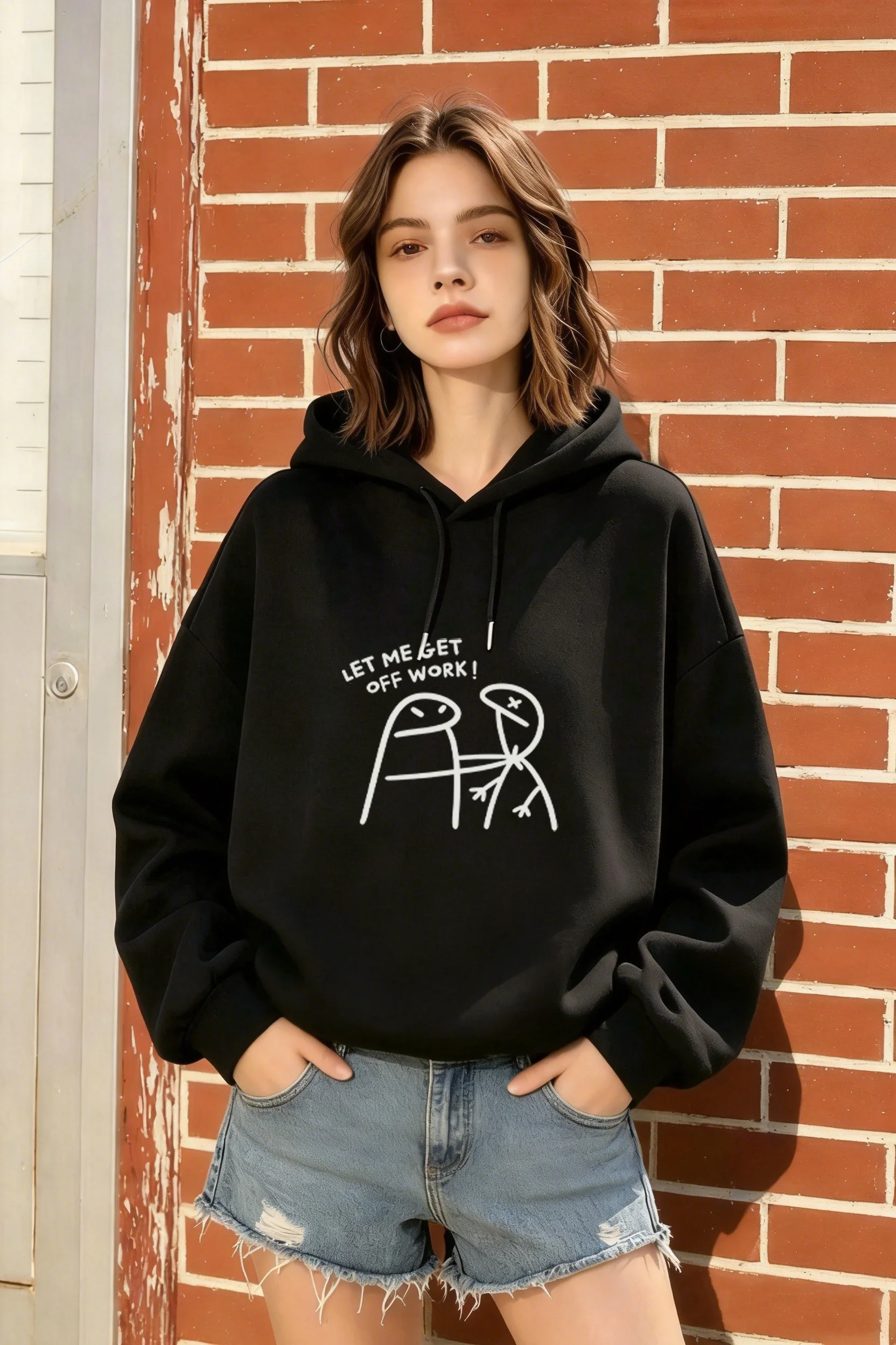 

Women's Autumn Winter Black Ins Style Loose Hoodie, Funny Stick Figure Worker Pattern, Fashionable and Versatile