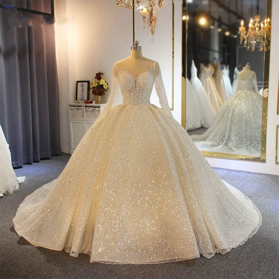 

Beautiful Scoop Neck Spark Beads Sqquins Ballgown Wedding Dress with Big Train Long Sleeves Corset Back Vestido De Casamento