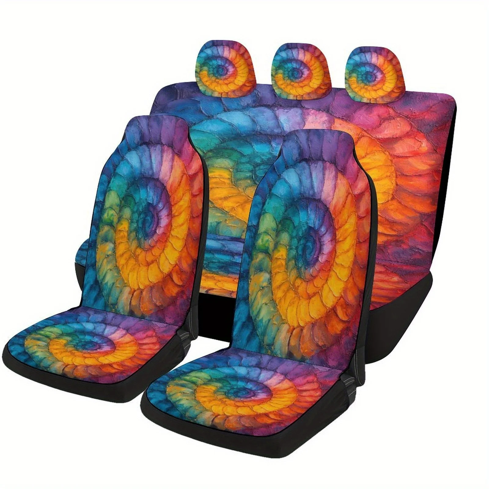 Colorful Spiral Art Designed Car Seat Covers Set For Most Cars, Trendy Novelty Decorative Car Seat Protector Covers Full Set, Un
